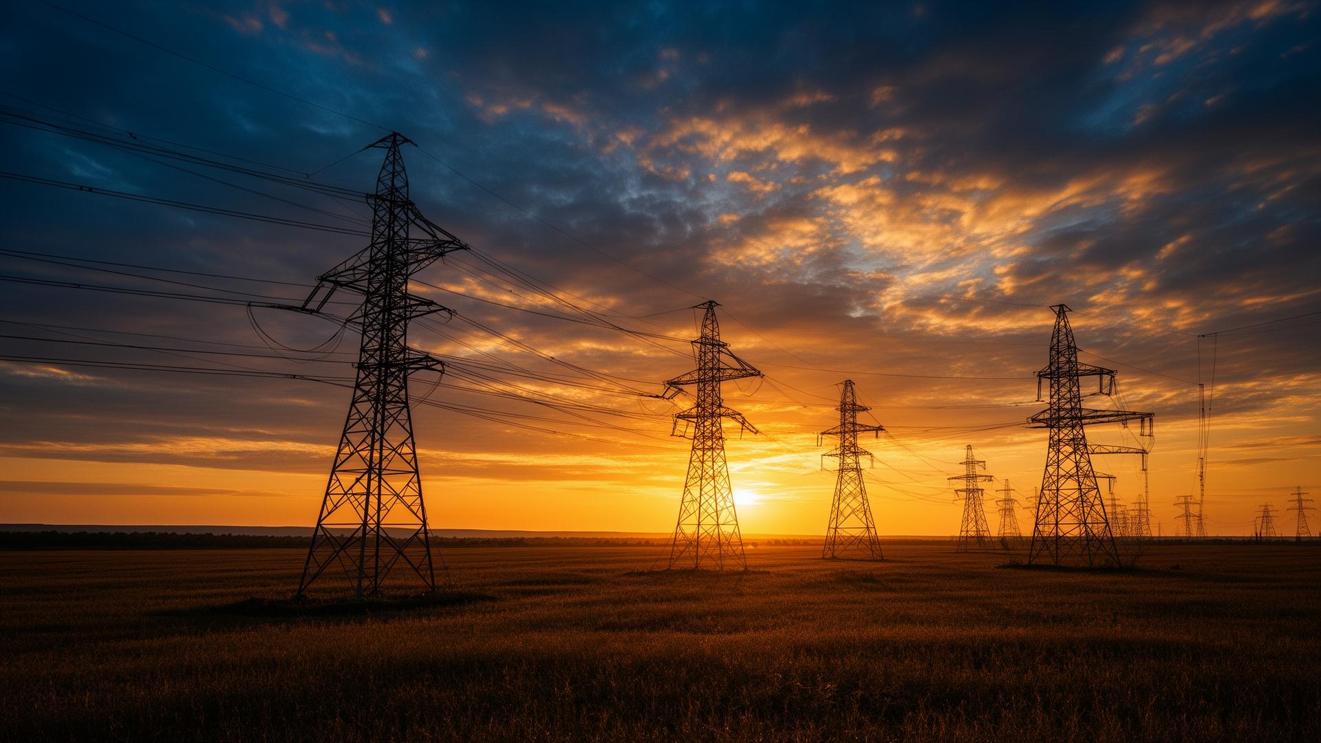 Transmission towers at sunset